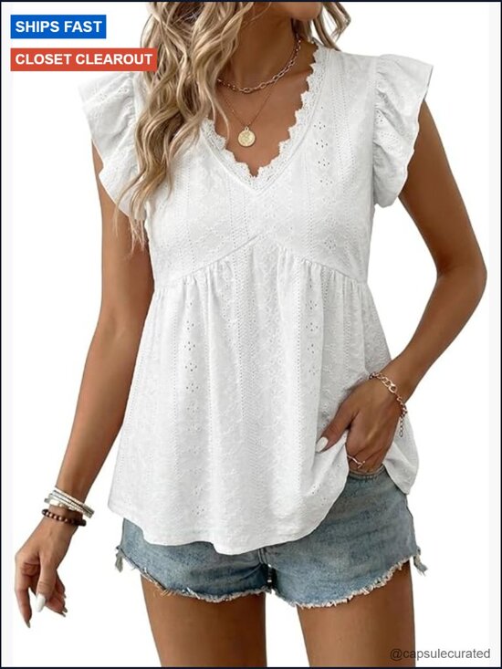 Tops - Women Boho Tank Top Lace V-Neck Ruffle Camisole Summer Texture Sleeveless